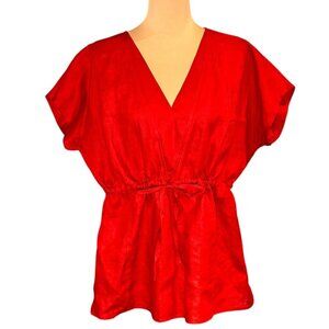 Talbots 100% Linen Tunic Top Sz.XL Red Babydoll V-Neck Short Sleeve Summer Boho